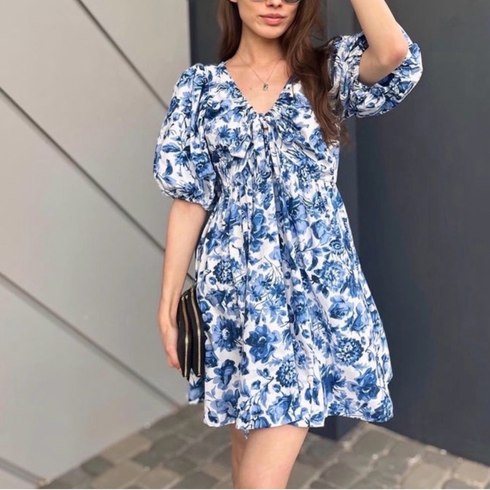 A&F Blue Floral Poplin Mini Dress Puff Sleeve Cinch Front summer garden party s